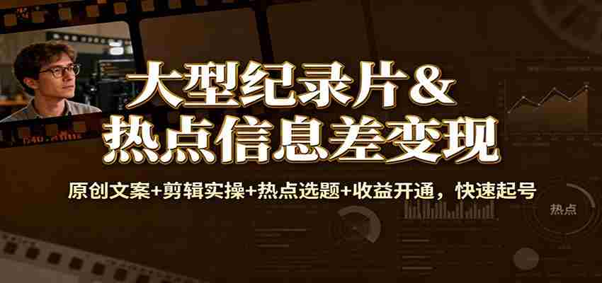 大型纪录片&热点信息差变现：原创文案+剪辑实操+热点选题+收益开通，快速起号-轻创网