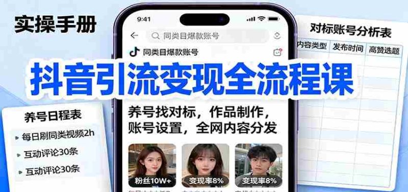 抖音引流变现全流程课：养号找对标，作品制作，账号设置，全网内容分发-轻创网