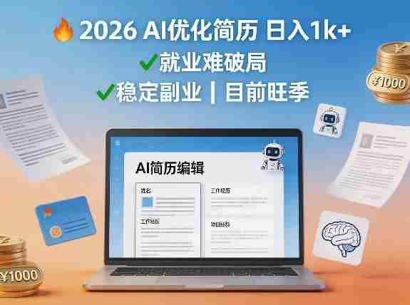 2026用AI优化简历日入1k+就业难，目前旺季，稳定副业-轻创网