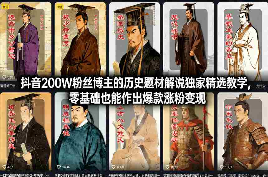 抖音200W粉丝博主的历史题材解说独家精选教学，零基础也能作出爆款涨粉变现-轻创网