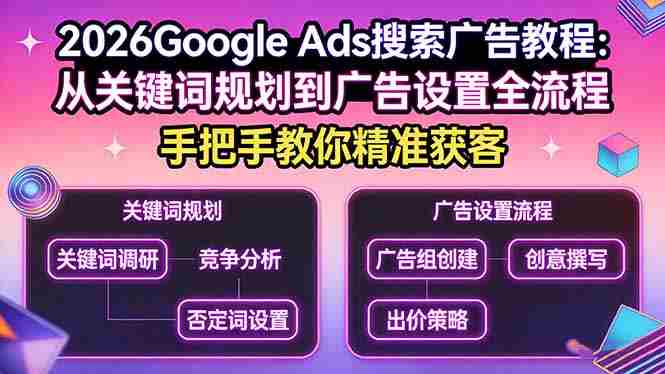 （17641期）2026Google Ads搜索广告教程：从关键词规划到广告设置全流程，手把手教你精准获客-轻创网