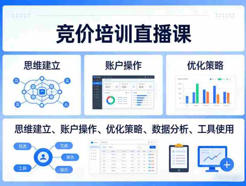 竞价培训直播课，覆盖思维建立、账户操作、优化策略、数据分析、工具使用等，全方位提升效果-轻创网