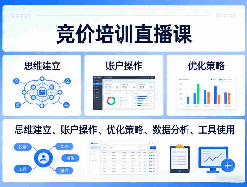竞价培训直播课，覆盖思维建立、账户操作、优化策略、数据分析、工具使用等，全方位提升效果-轻创网